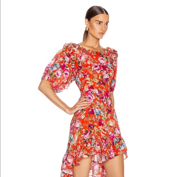 ICONS Objects of Devotion Floral Dress puff sleeve Red Pink Ruffle Neckline Hem - Picture 13 of 15